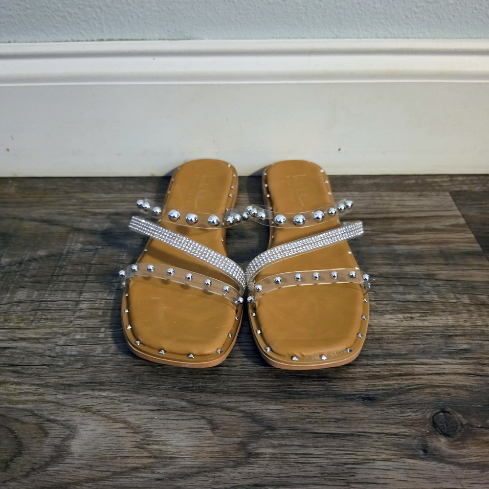 NWOT Nicole Miller Tan Slide Sandals with Crystal Straps